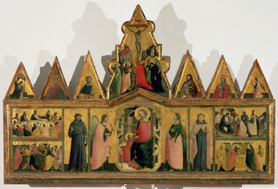 Polyptych: Central Panel Depicting the Madonna and Child Enthroned with Angels and Saints Surrounded by Panels Depicting Scenes from the Life of Christ, Triangular Pediments Depicting Saints, Angels by Giovanni Baronzio da Rimini